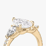 Pear Cut - Pave Band - Three Stone Ring - 0.25 Ct Side Stone each - 18 K Gold
